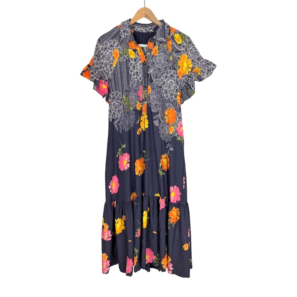Anthropologie Floral Ruffle Blue Motif Maxi Dress relaxed fit Bohemian A-Line - Picture 1 of 11